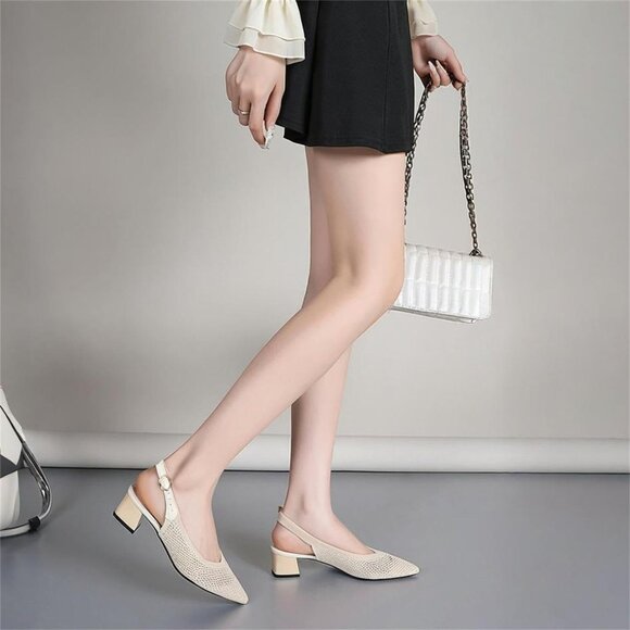 Women's Beige Slingback Block Heel Pumps Ladies Closed Pointed Toe Weave Sandals - Picture 3 of 6
